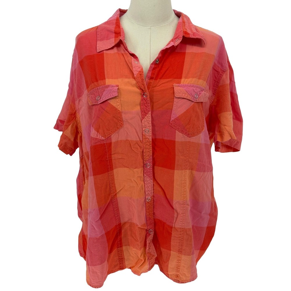 Faded Glory Button Down Shirt Coral Plaid Short Sleeve 100% Cotton XXL 20